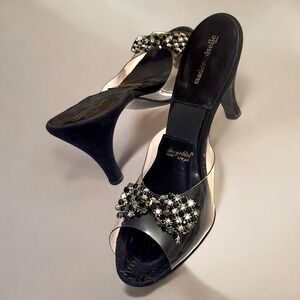 Vintage‎ Mademoiselle Rhinestone Adorned Clear Vinyl Mules Heels Slides  Felt...